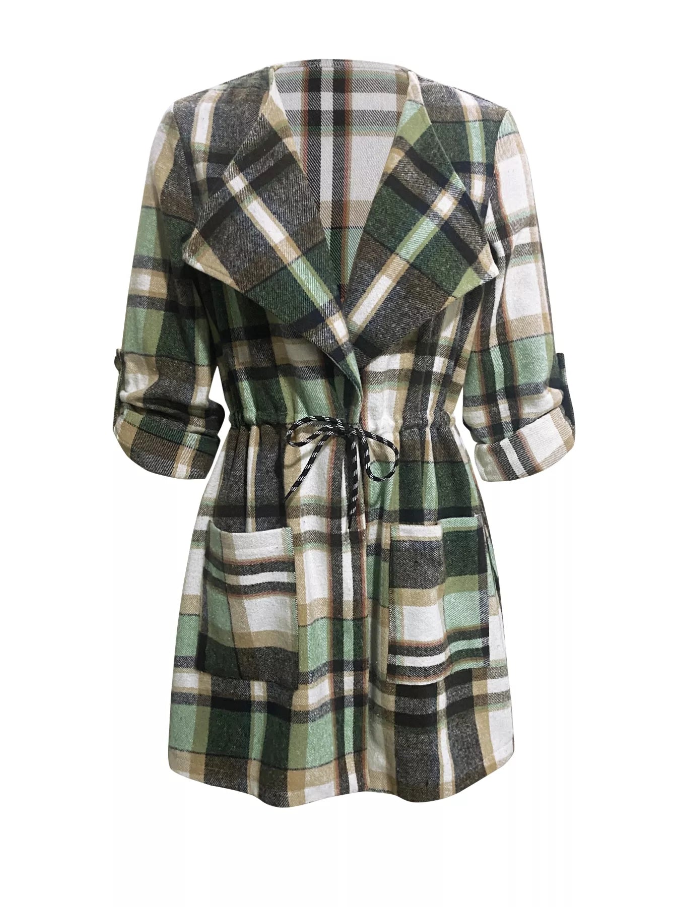 Green plaid drawstring coat with lapel collar, featuring rolled-up sleeves and soft flannel material.