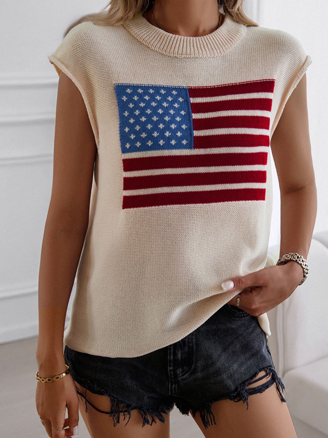 Devine US Flag Round Neck Sweater Vest - Beige -