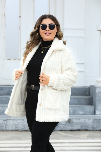 Plus Size Fuzzy Collared Neck Long Sleeve Jacket - -