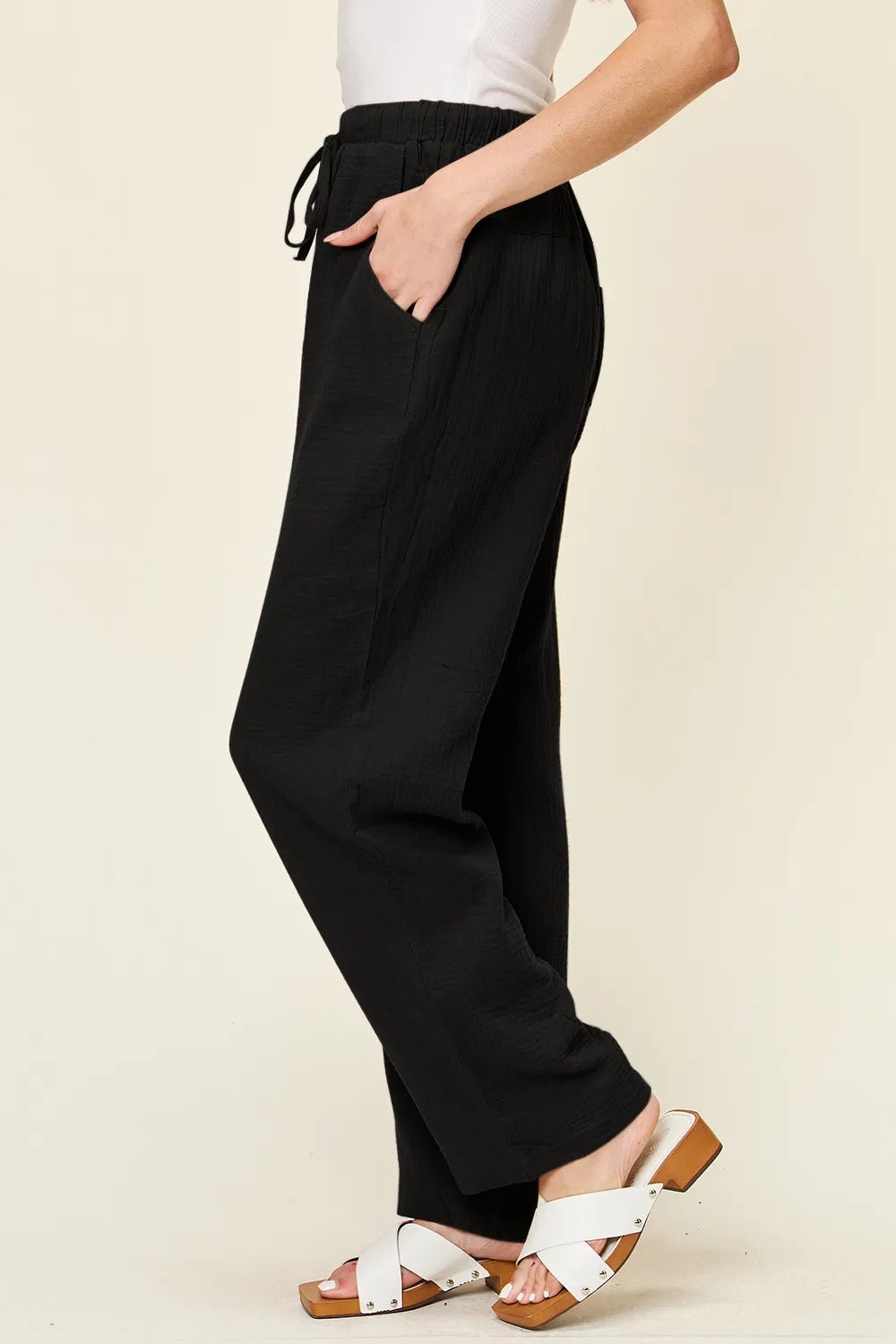 Double Take Full Size Texture Drawstring Straight Pants – | Shannon’s Chique Boutique