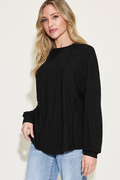 Basic Bae Full Size Ribbed Round Neck Long Sleeve T-Shirt - -