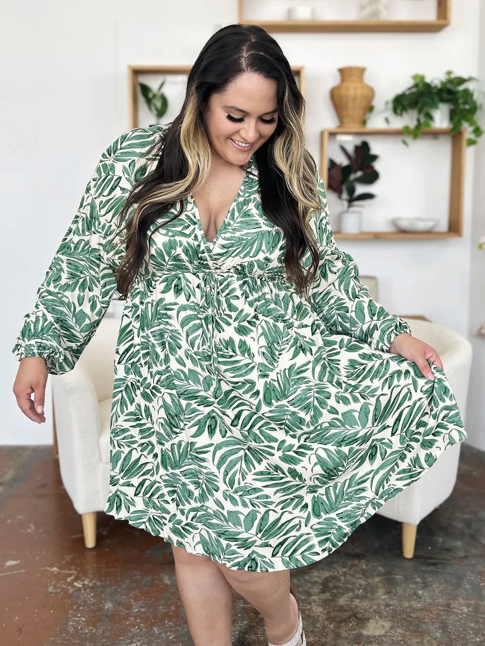 Double Take Full Size Printed Ruched Balloon Sleeve Dress – | Shannon’s Chique Boutique