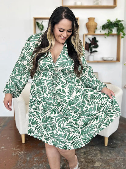 Double Take Full Size Printed Ruched Balloon Sleeve Dress – | Shannon’s Chique Boutique