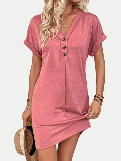 Quarter Button V-Neck Short Sleeve Dress - -