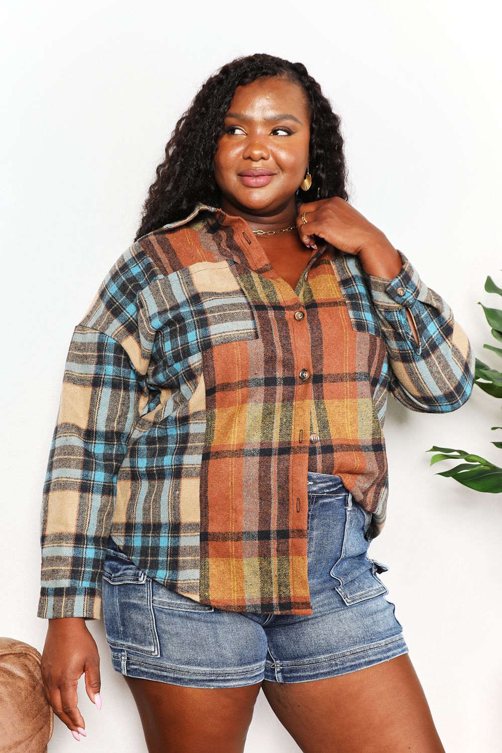 Double Take Plaid Curved Hem Shirt Jacket with Breast Pockets - -