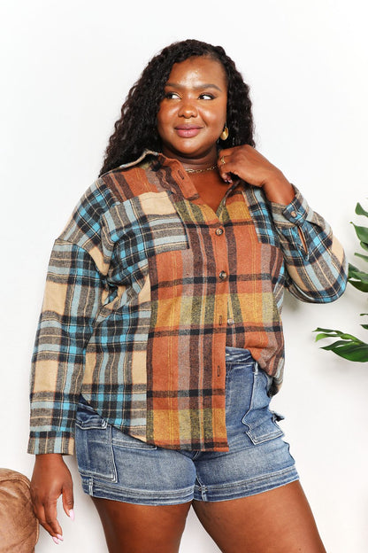 Double Take Plaid Curved Hem Shirt Jacket with Breast Pockets - -
