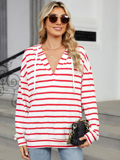 Drawstring Striped Long Sleeve Hoodie - -