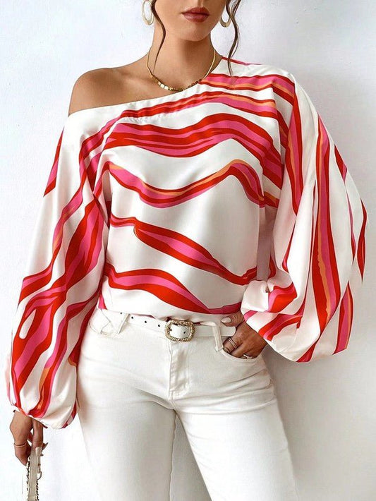 Striped Off Shoulder Blouse – Coastal Stripes - Red multi -