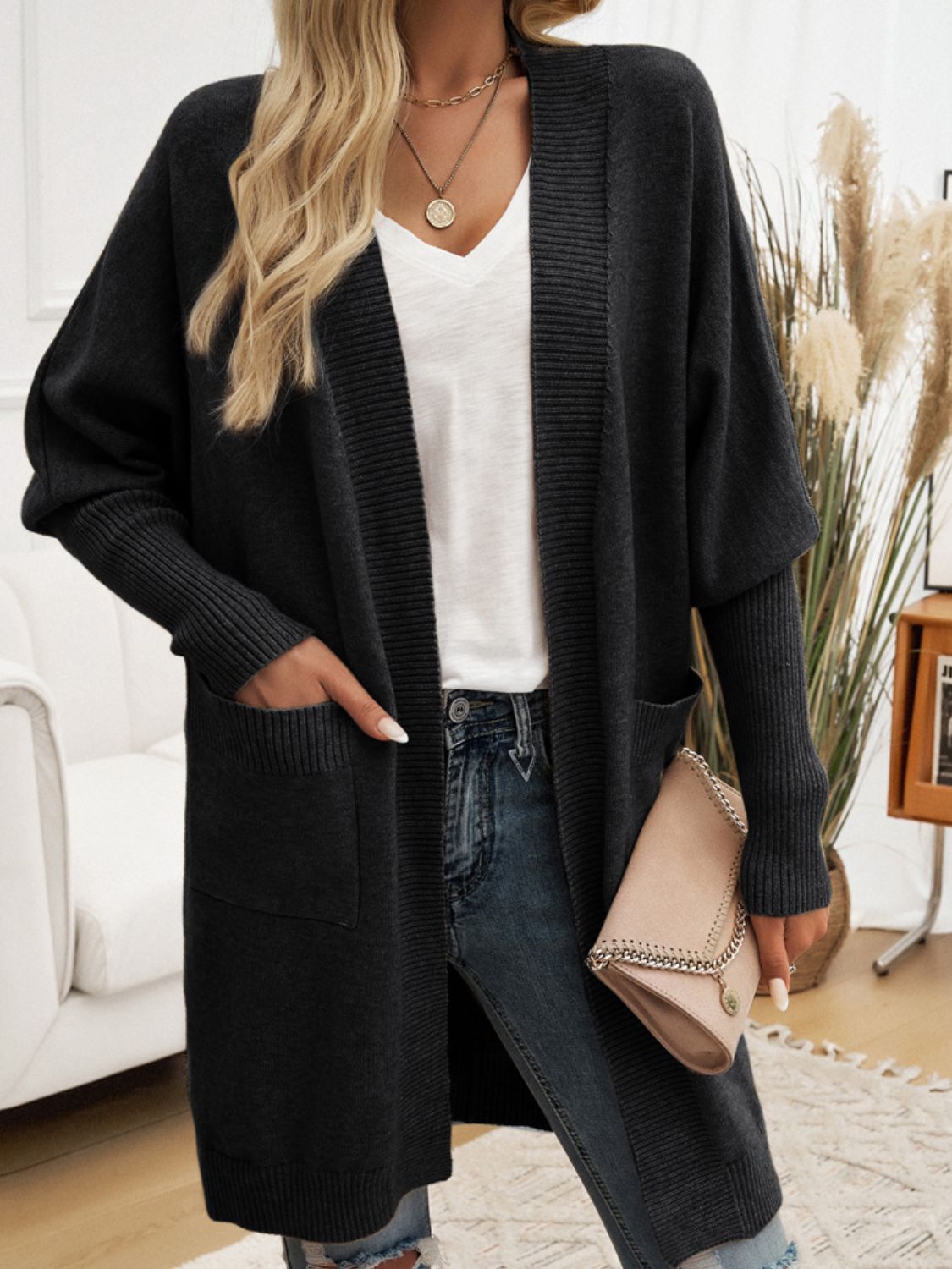Devine Open Front Long Sleeve Cardigan - -