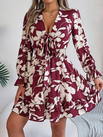 Tied Ruffled Printed Long Sleeve Dress - Burgundy -
