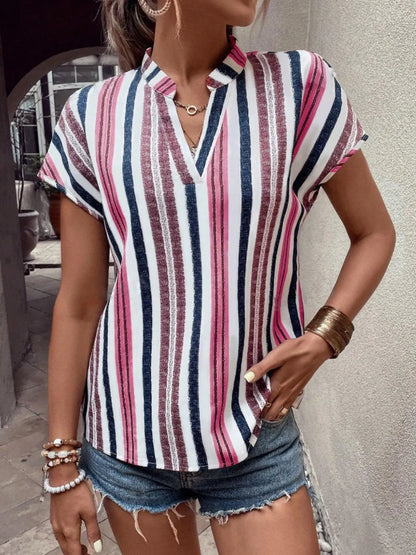 Striped Notched Short Sleeve Shirt - -
