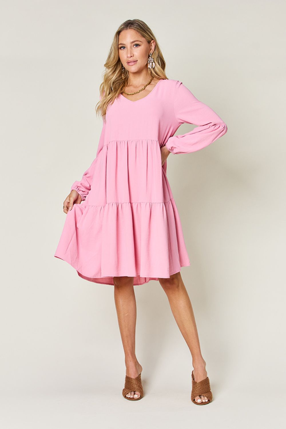 Double Take Full Size V-Neck Balloon Sleeve Tiered Dress with Pockets - -