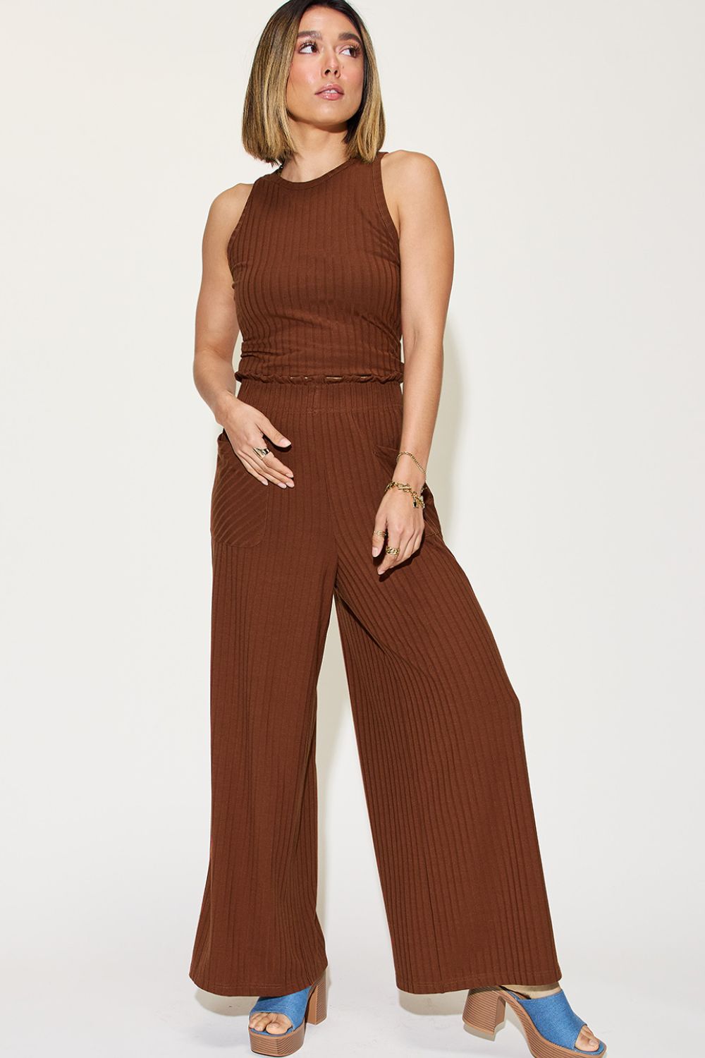Basic Bae Full Size Ribbed Tank and Wide Leg Pants Set - Dark Brown -