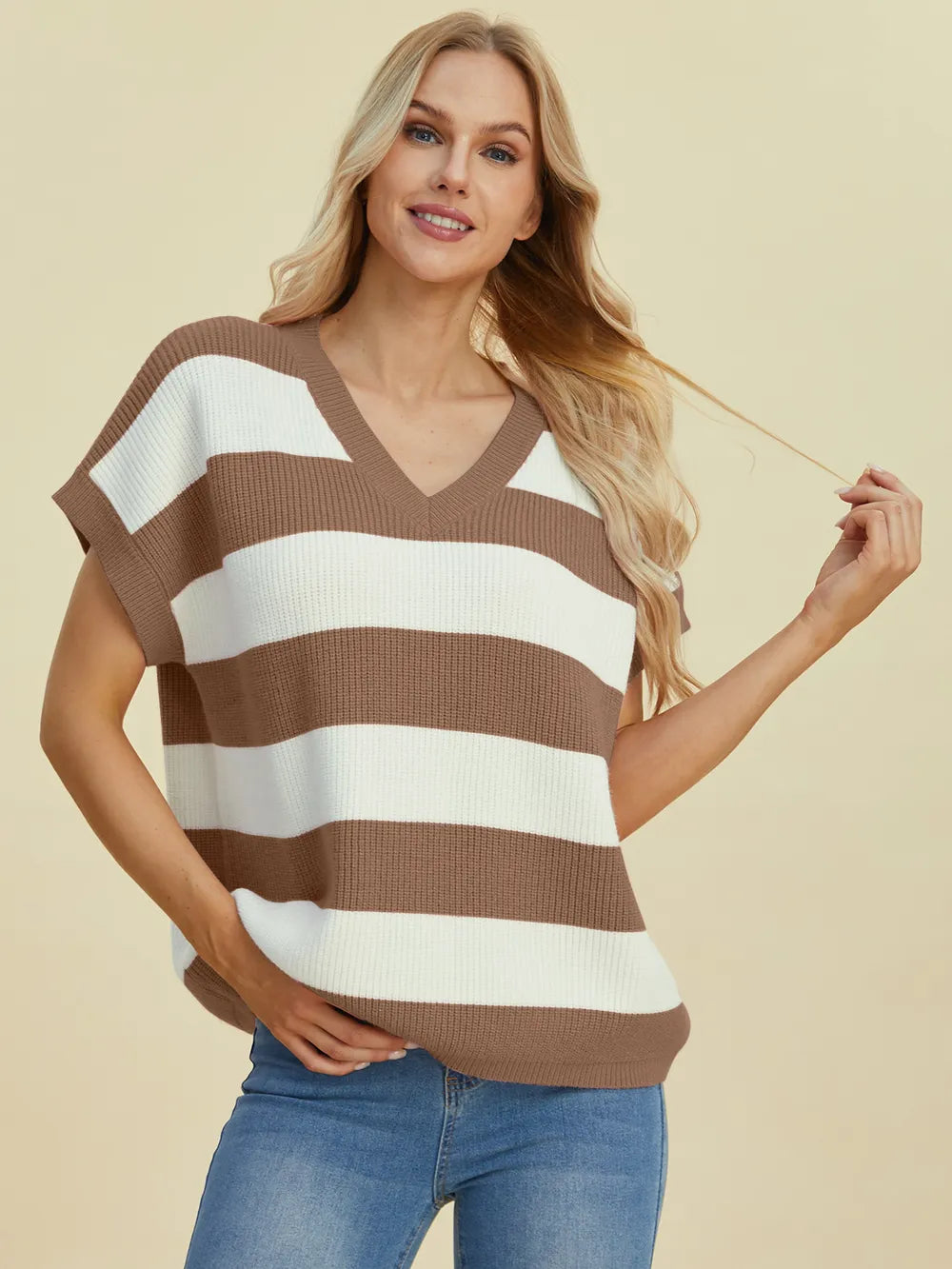 Double Take Full Size Striped V-Neck Short Sleeve Sweater - Camel -