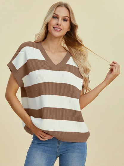 Double Take Full Size Striped V-Neck Short Sleeve Sweater - Camel -