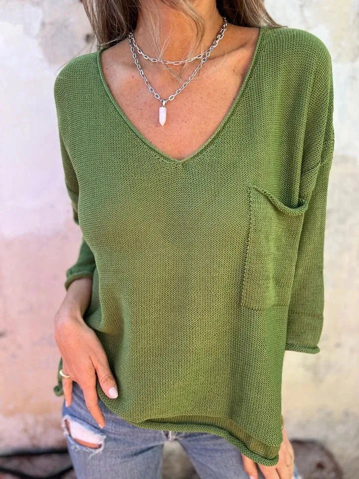 Full Size Casual V-Neck Knit Sweater Plus Size - Matcha Green -