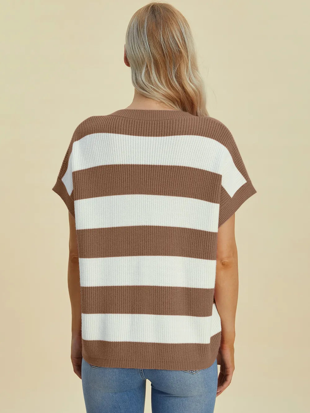 Double Take Full Size Striped V-Neck Short Sleeve Sweater - -