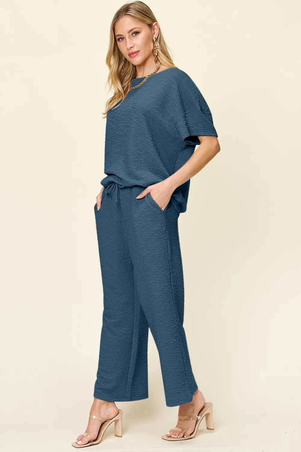 Double Take Full Size Texture Short Sleeve Top and Pants Set - Deep Teal -