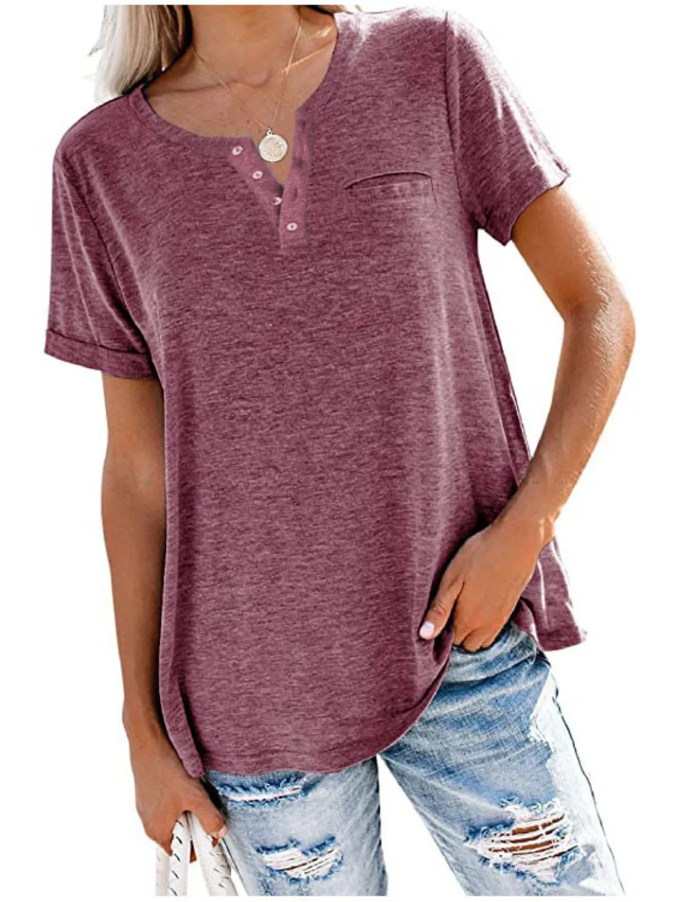 Full Size Notched Short Sleeve T-Shirt Plus Size - Burgundy -