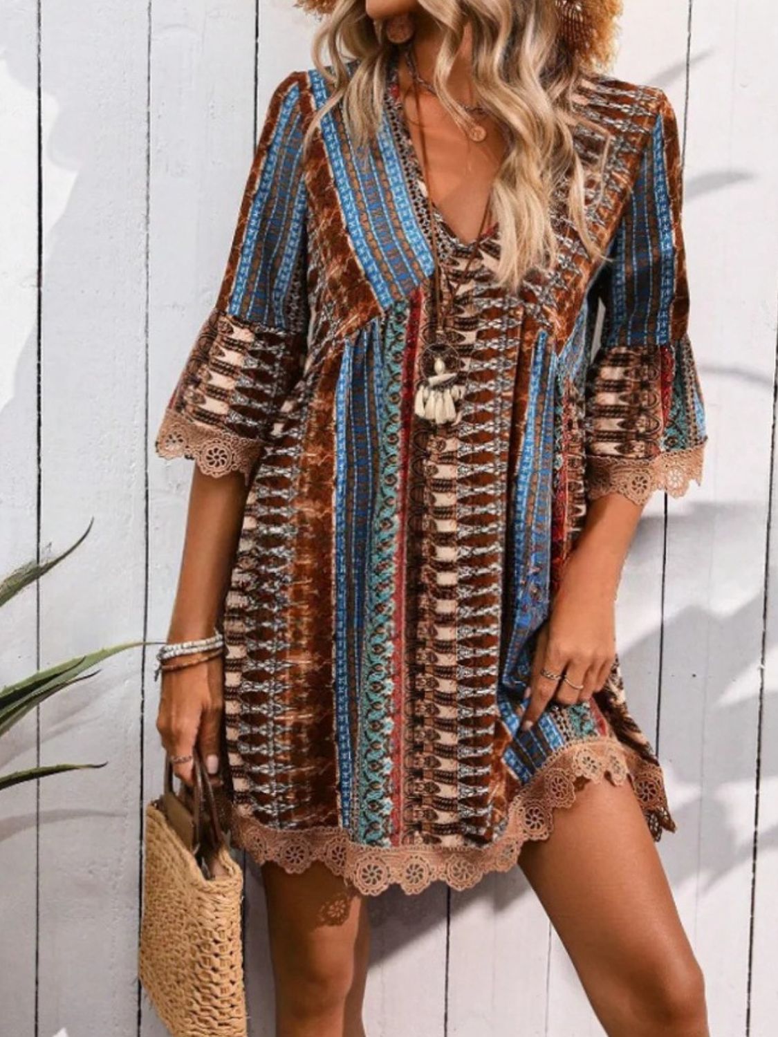 Lace Trim Printed V-Neck 3/4 Sleeve Dress - Brown -