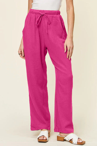 Double Take Full Size Texture Drawstring Straight Pants – | Shannon’s Chique Boutique