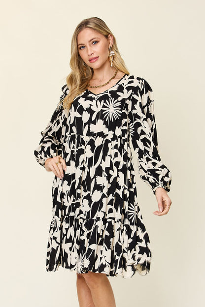 Double Take Full Size Printed Ruffle Hem Dress with Pocket - Black -