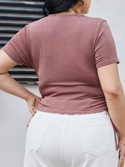 Plus Size Ruched Tied Surplice Blouse - -