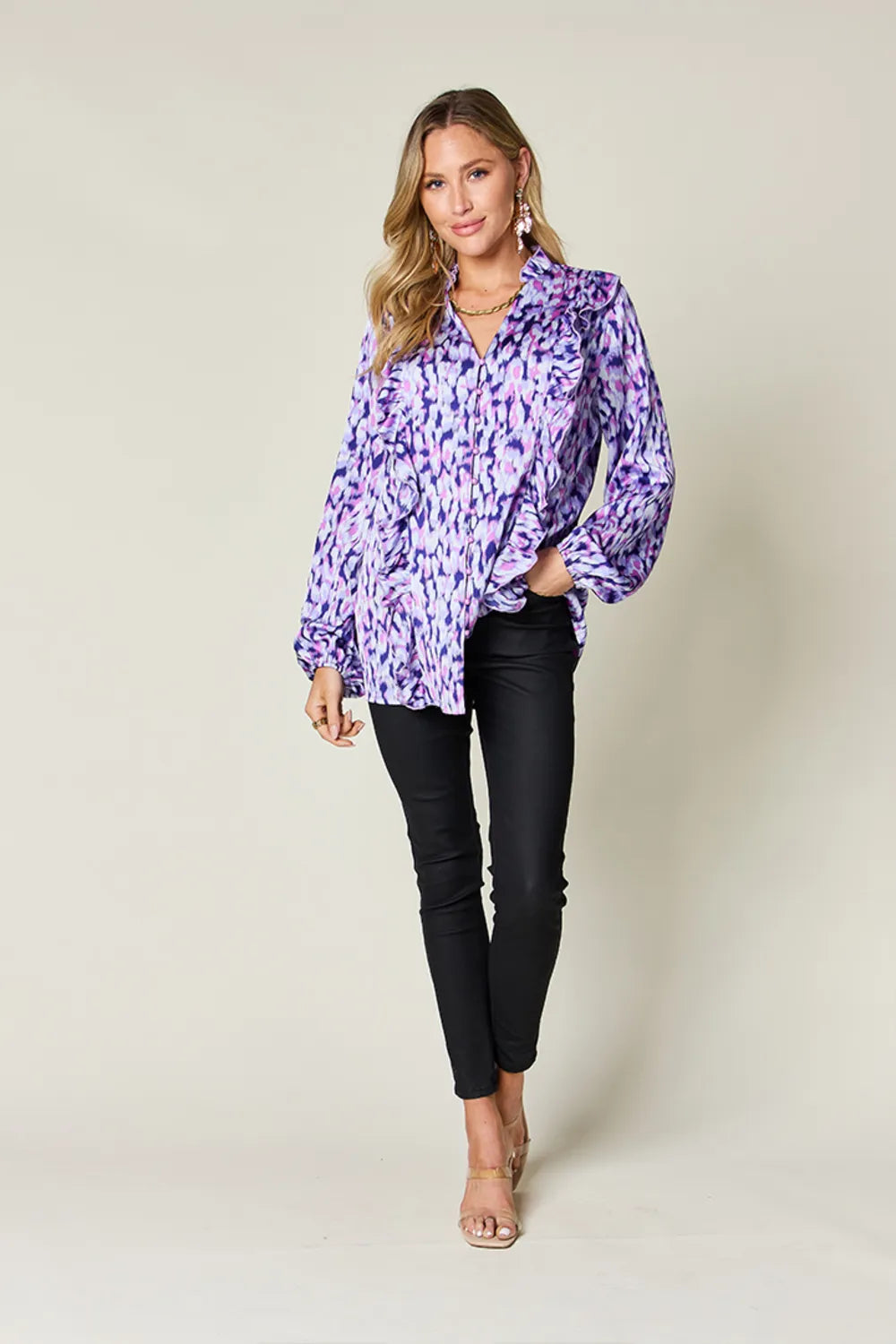 Double Take Full Size Printed Ruffle Trim Balloon Sleeve Shirt - -
