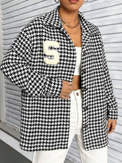 Houndstooth Button Down Long Sleeve Shacket - -
