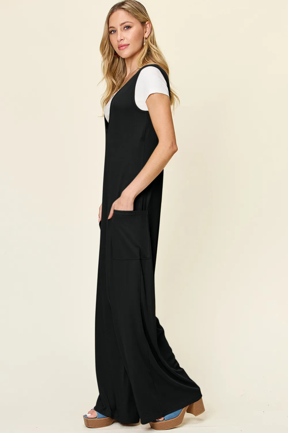Double Take Full Size Sleeveless Wide Leg Jumpsuit with Pockets - -