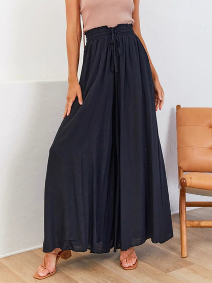 Wide-Leg High Waist Pants – Lightweight, Flowy Fit with Pockets - -