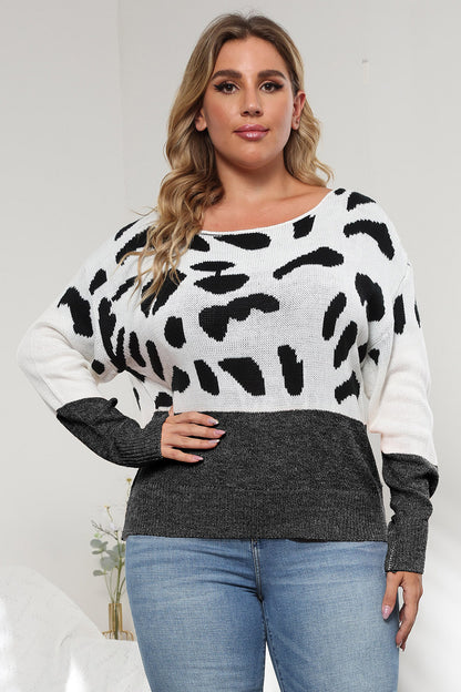 Plus Size Leopard Round Neck Long Sleeve Sweater - Black -