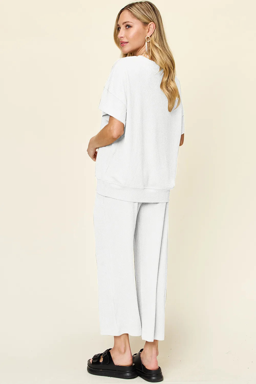 Double Take Full Size Texture Round Neck Short Sleeve T-Shirt and Wide Leg Pants - -