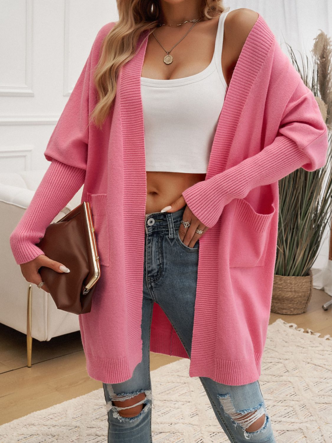 Devine Open Front Long Sleeve Cardigan - -