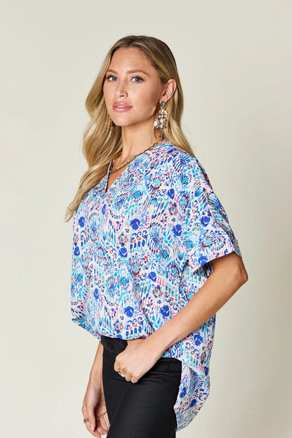 Double Take Full Size Printed V-Neck Short Sleeve Blouse - -