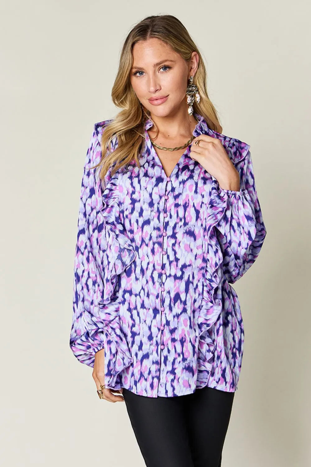 Double Take Full Size Printed Ruffle Trim Balloon Sleeve Shirt - -