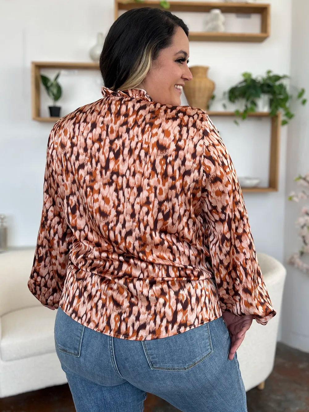 Double Take Full Size Printed Ruffle Trim Balloon Sleeve Shirt - -