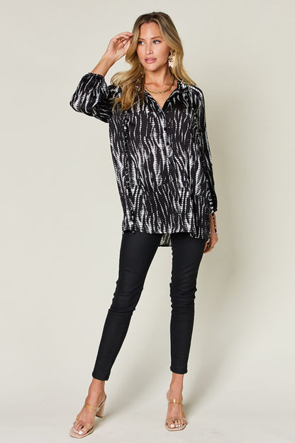 Double Take Full Size Printed Button Up Long Sleeve Shirt - -