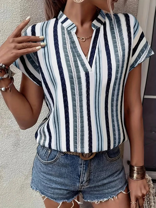 Striped Notched Short Sleeve Shirt - Air Force Blue -