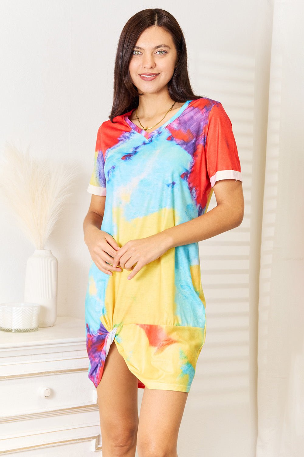 Shiny Tie-Dye V-Neck Twisted Dress - Multicolor -