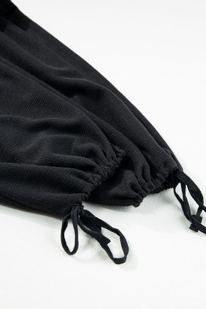 Knotted Straps Button Textured Drawstring Jumpsuit - -