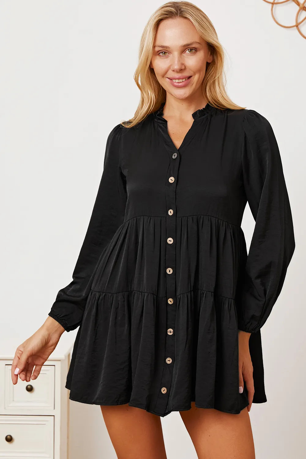 Ruffled Button Up Long Sleeve Tiered Shirt - -