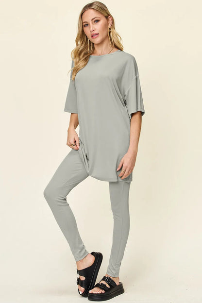 Double Take Full Size Round Neck Dropped Shoulder T-Shirt and Leggings Set - -