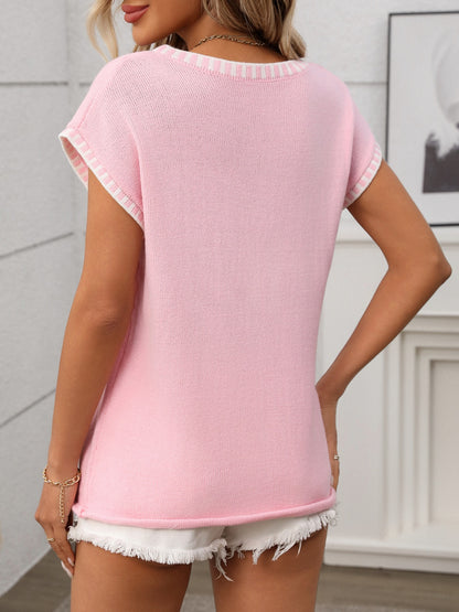 Contrast Trim V-Neck Short Sleeve Knit Top - -