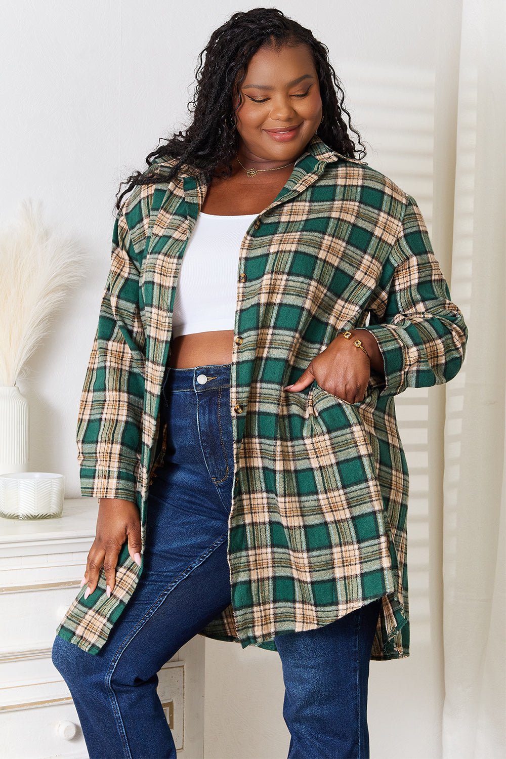 Mandy Plaid Collared Neck Long Sleeve Shirt - -