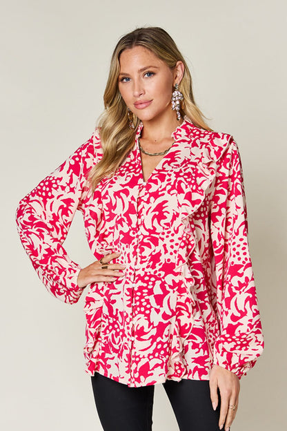 Double Take Full Size Printed Ruffle Trim Balloon Sleeve Shirt - Hot Pink -