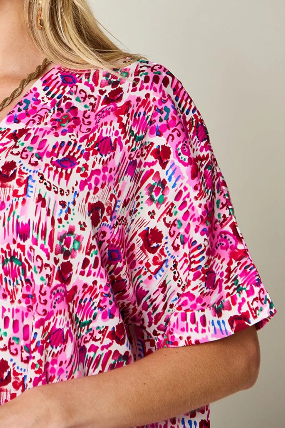 Double Take Full Size Printed V-Neck Short Sleeve Blouse - -