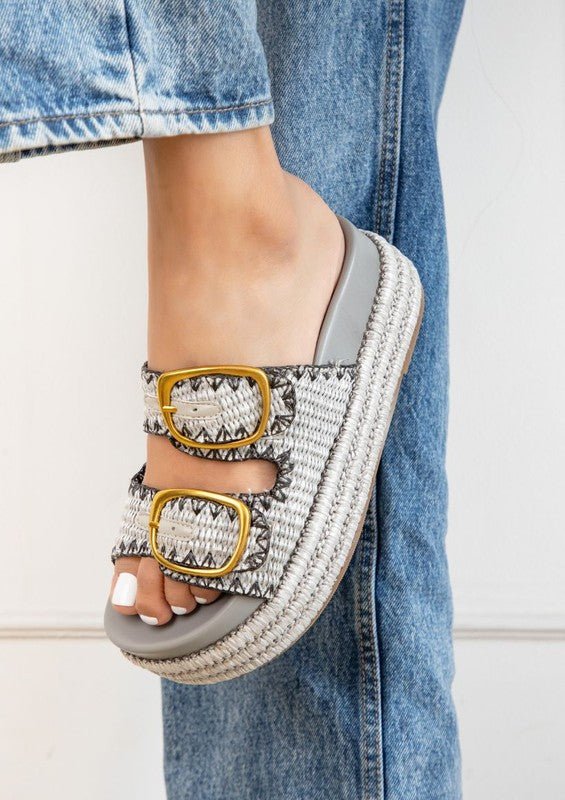 CLARA WEDGES WITH ADJUSTABLE STRAPS - Gray Raffia -