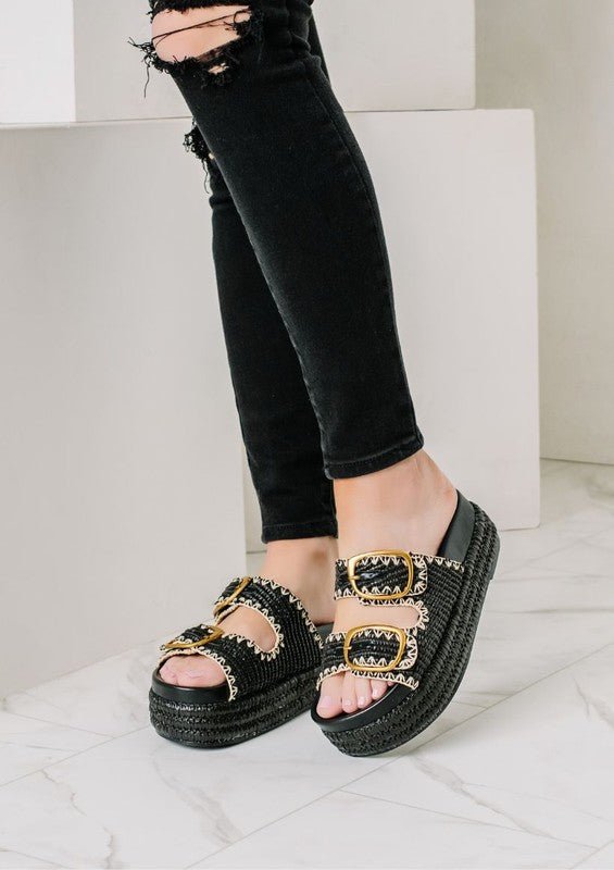 CLARA WEDGES WITH ADJUSTABLE STRAPS - Black Raffia -