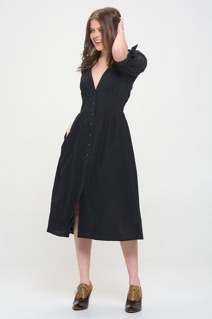 Puff Sleeve Button Down Midi Dress – Vintage Charm - -